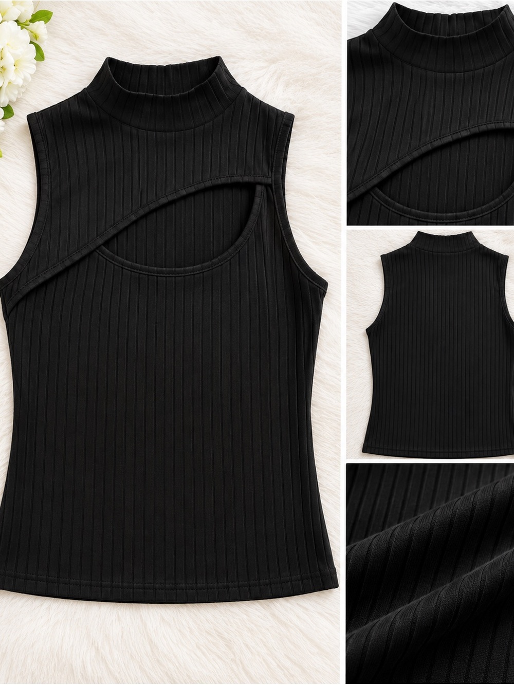 SHEIN Black Ribbed Mock Neck Cutout Tank